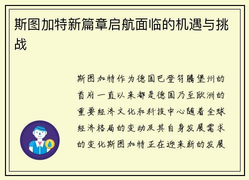 斯图加特新篇章启航面临的机遇与挑战